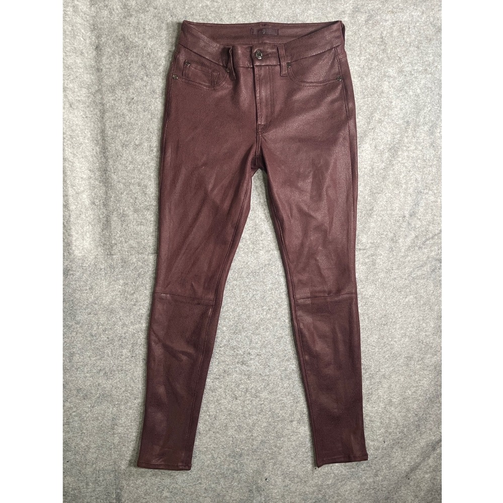 7 For All Mankind Burgundy Metallic Crackle Skinny Pants Womens 27 Faux Leather